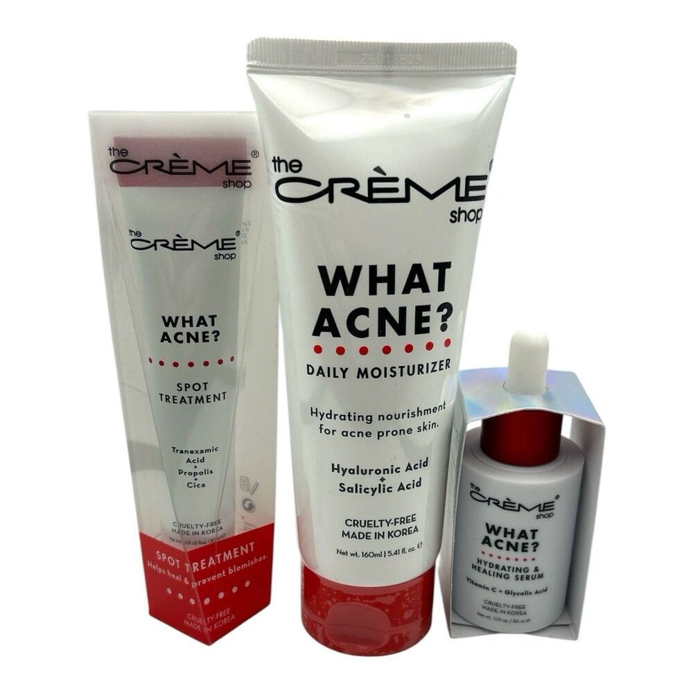 The Crème Shop What Acne Daily Moisturizer Spot Treatment Serum K-Beauty 3pc lot